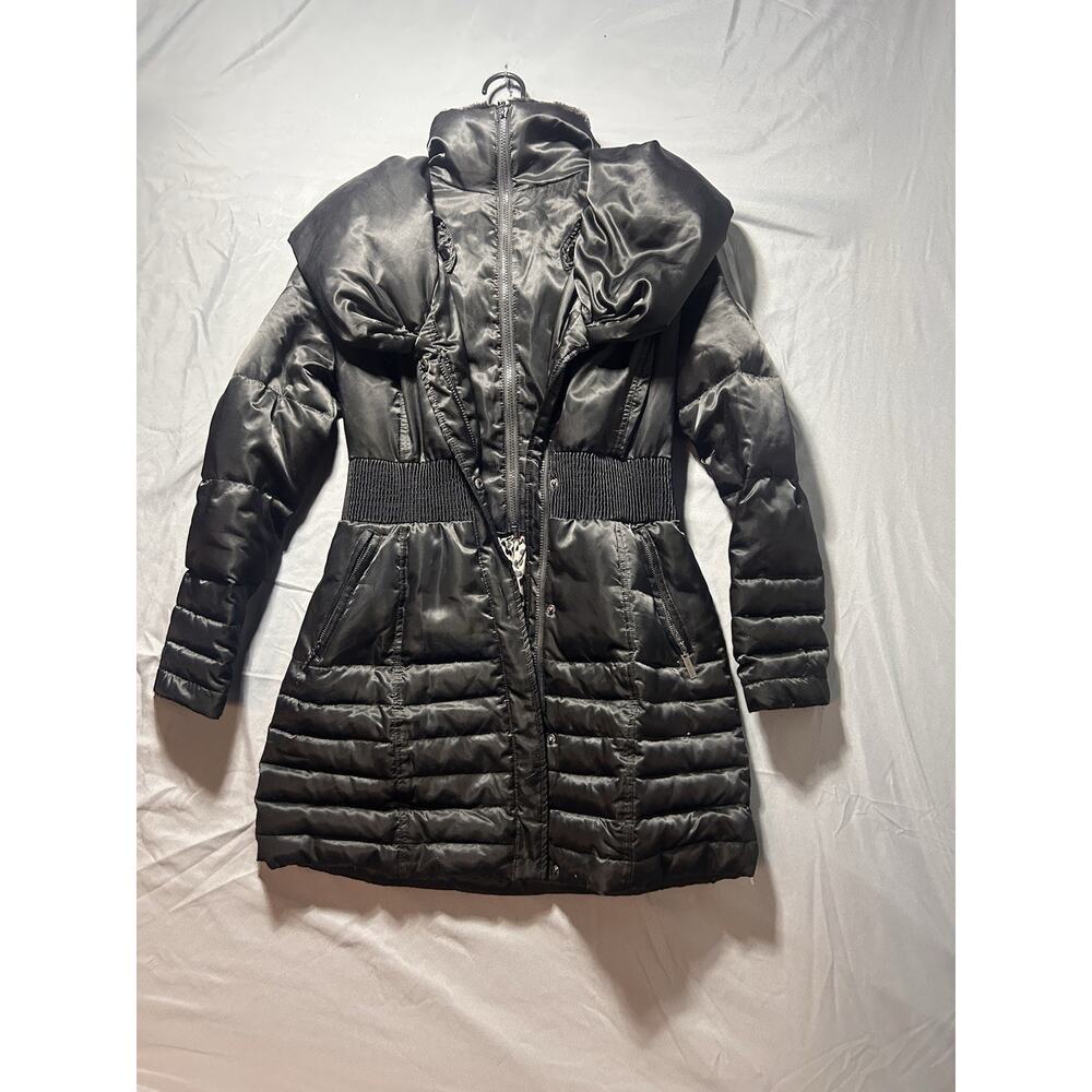 Jennifer Lopez Down Feather Fur Collar Leopard Print Lined Hooded Coat Womens M